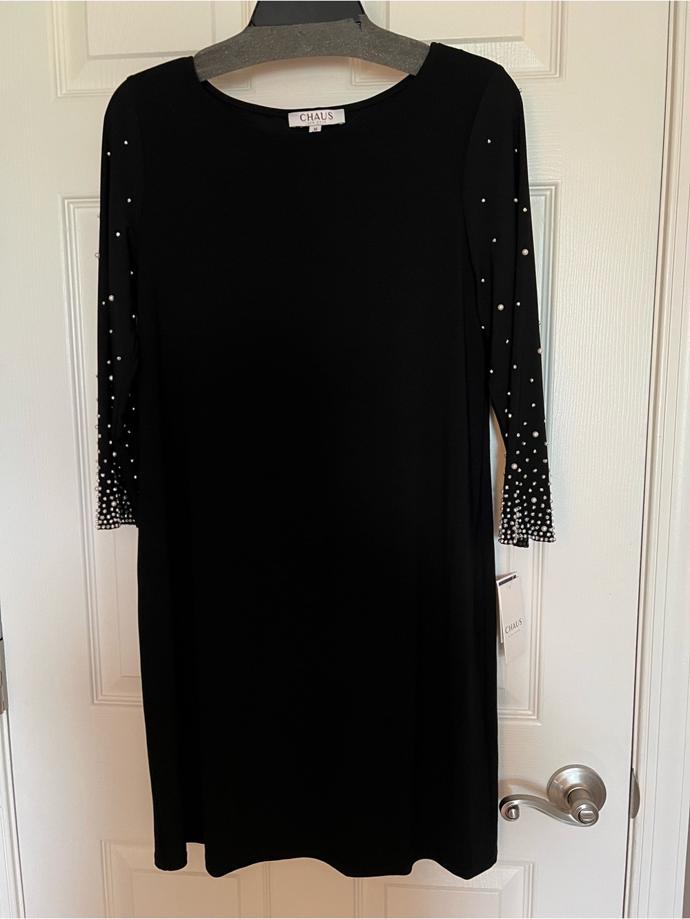 Chaus Black Long-Sleeve Shift Dress with Pearl Studded Sleeves